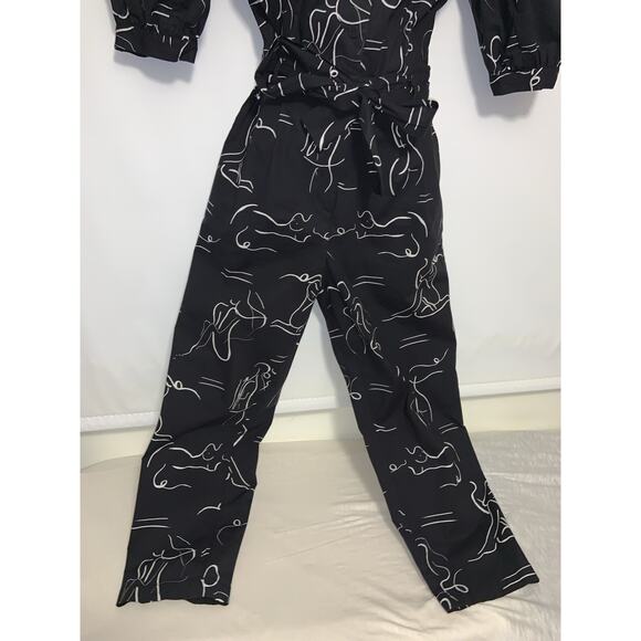 LHD Black Women’s Sz 8 All Over Ladies Figure Graphic Print Puff Sleeve Jumpsuit - Picture 4 of 8